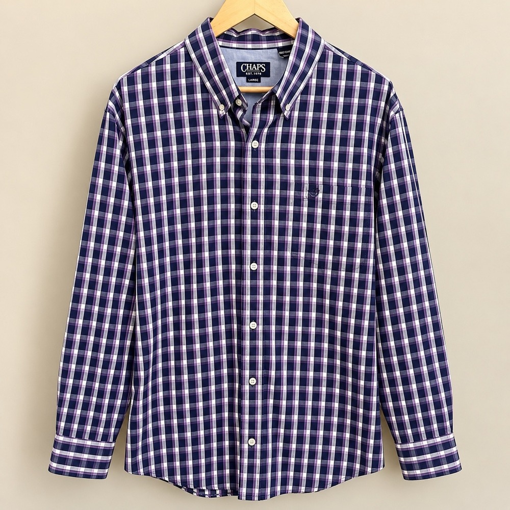 Chaps Mens XXL Purple Navy Plaid Stretch Easy Care Button Down Shirt Long Sleeve